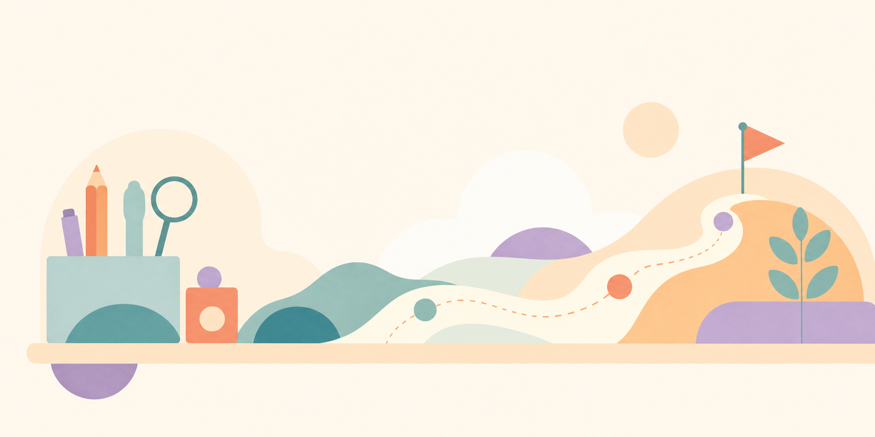 Abstract geometric illustration of a calm toolkit and a winding path leading to a flagged summit