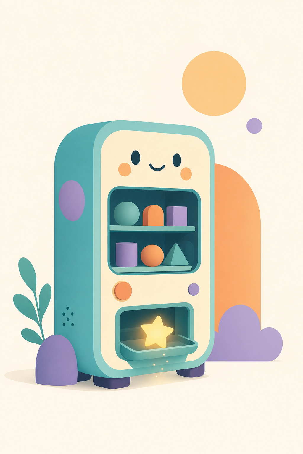 A friendly geometric vending machine dispensing a small glowing star
